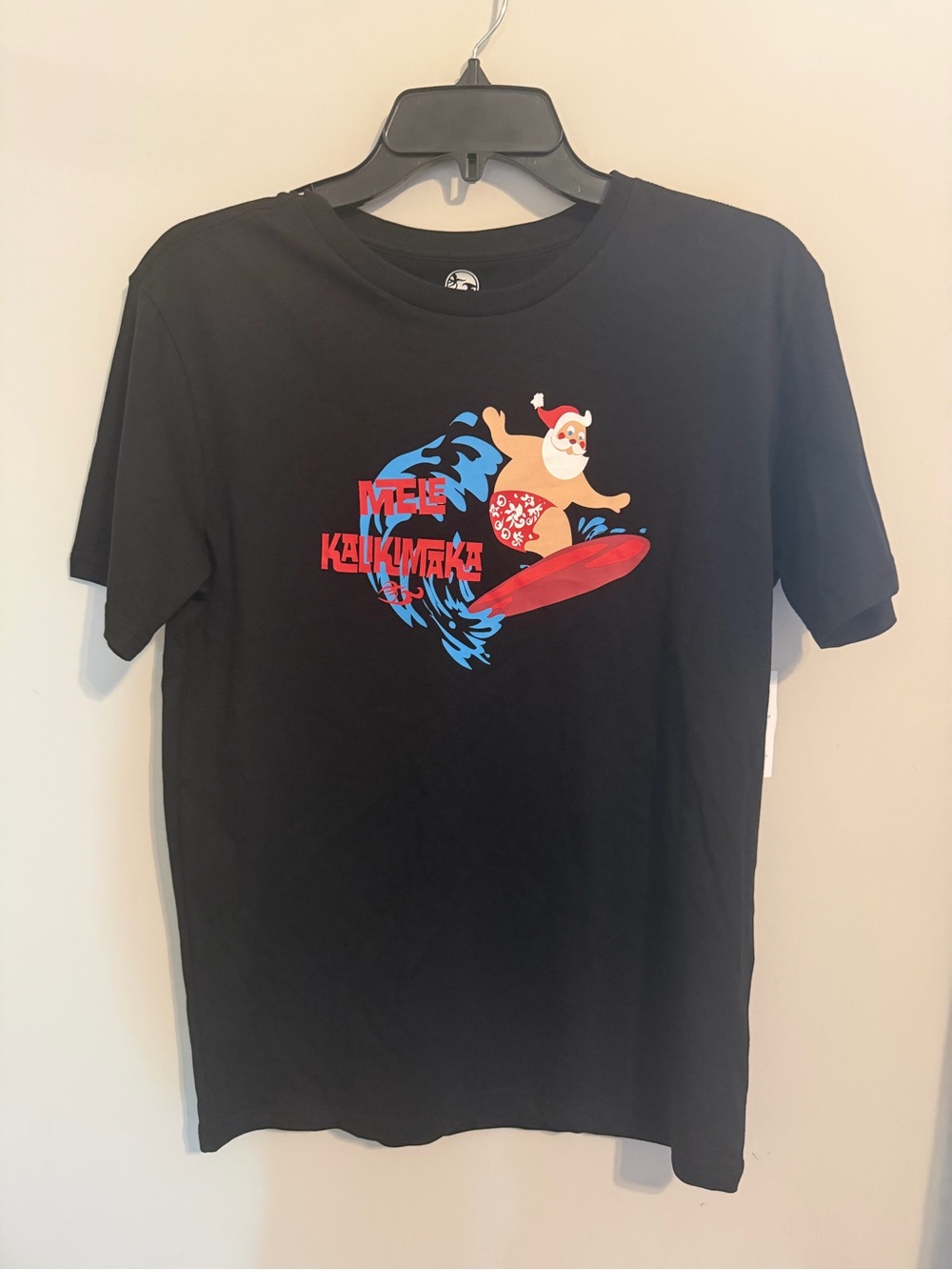 NWT Honolua Mele Kalikimaka Men's L Black Santa Surf Graphic Crew Neck Tee